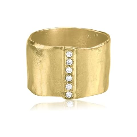 14K Gold Over Sterling Silver Statement Rings With 0.18 TCW Cubic Zirconia, Hammered Wide Band, Dainty Gold Rings, Gifts For Women, Aesthetic Jewelry, Rings For Women, Gold Jewelry For Women Size 9 Cover