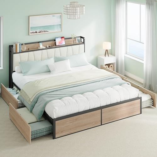 LIKIMIO California King Bed Frame with 4 Storage Drawers, Platform Bed with Charged Headboard, Sturdy and Stable, No Noise, No Box Spring Needed, Easy to Install, Wood and Cream