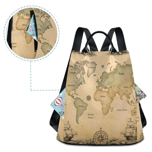 Image of ALAZA Ancient Map Of The World Vignettes Compasses Dragons Sailboats Backpack Purse with Adjustable Straps for Woman Ladies
