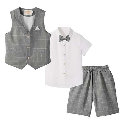 Image of Summer Boys Suit Dress Clothes Kids Wedding Ring Bearer Outfit 4Pcs Shirt Vest Shorts Set