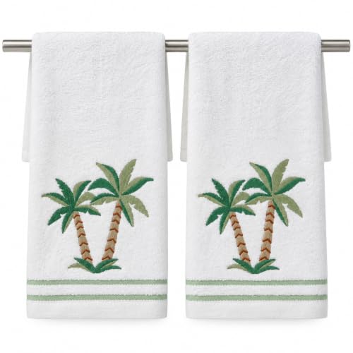 Coastal White Guest Hand Bathroom Towels, Green Brown Palm Trees, 16x25"