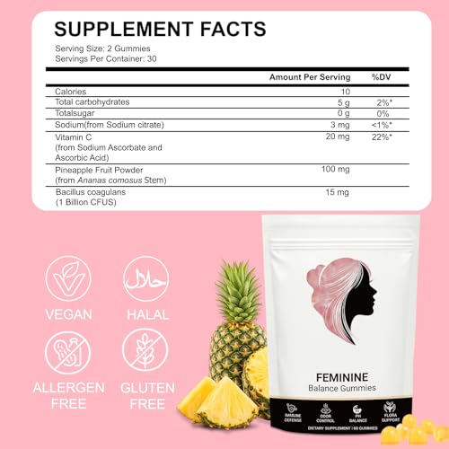 Premium Feminine Balance Gummies for Women, Natural Support for Feminine Wellness, Hawaiian Pineapple Flavor, Contains P - Additional View
