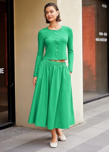Image of Panadila Womens 2 Piece Lounge Sets Matching Vacation Outfits Ribbed Button Down Cardigan and Elastic Waist Skirt Sets
