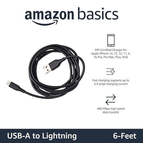 Amazon Basics USB-A to Lightning ABS Charger Cable, MFi Certified Charger for Apple iPhone 14 13 12 11 X Xs Pro, Pro Max, Plus, iPad, 6 Foot, Black - image 2