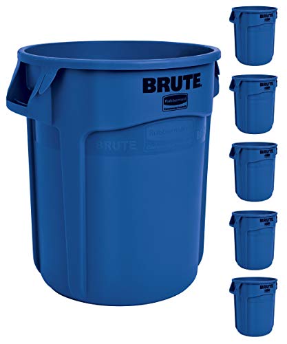 Image of Rubbermaid Commercial Products BRUTE Heavy-Duty Round Trash Can with Venting Channels, 10-Gallon, Blue, Waste Container for Landscapers /Construction Sites /Restaurants /Offices /Warehouses /Home, Pack of 6