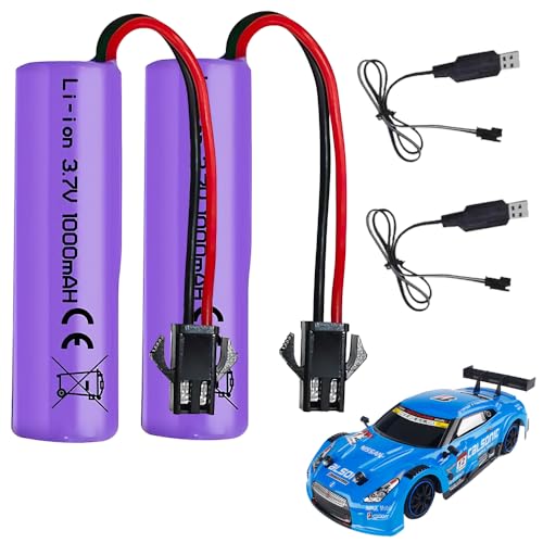 XUXLEKK 1000mAh 3.7V Litio RC Batería, 2PCS Recargables 1000 mAh con 2 Cargadores USB SM-2P Plug, Universal Recambio Batery para Barcos, Tanques, Coches, Robots, Stunt Car, Barcos