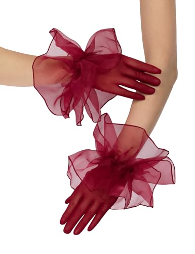 Womens Short Mesh Gloves with Ruffles - Sheer Lace Gloves for 1920s Costume Opera Party & Dance Dark Red