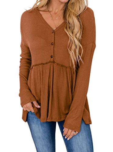 Women's Loose Ruffle Hem Long Sleeve Waffle Knit Shirt V Neck Button Up Pleated Tunic Tops Babydoll Peplum Blouses Brown X-Large