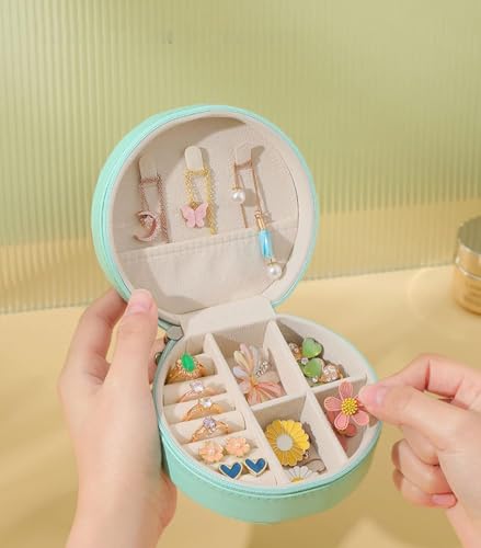 Image of Mini Jewellery Travel Case, PU Leather Organizer Box, Small Portable Jewellery Storage Holder for Womens Rings Earrings Necklaces - PU JEWELRY BOX (round pu box green)