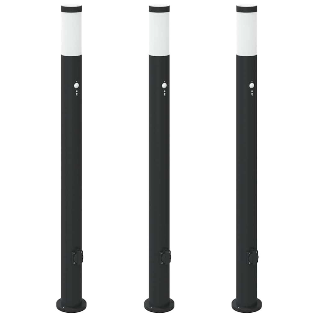 Zestaw 3 słupków ze stali nierdzewnej, 110 cm, z czujnikiem ruchu PIR i zintegrowanym gniazdkiem, do ogrodu, na taras, na zewnątrz, IP44, odporne na warunki atmosferyczne