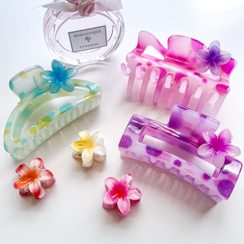Hair Claw Clips for Women Girls,3PCS Big Claw Clips for Thick Thin Hair Claws,6PCS Small Hawaiian Flower Hair Clups,Cute Womens Hair Accessories,Summer Beach Vacation Essentials (colorful)