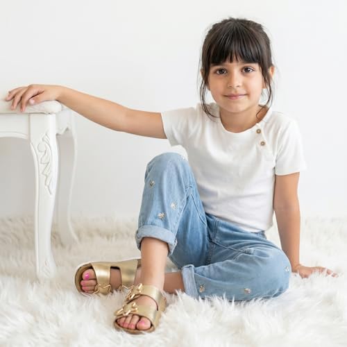 Image of CUSHIONAIRE Lily Girl Toddler Sandals with Adjustable Gold Tone Star Buckles and Cushioned Cork Footbed Slip On Girls Slides for Kids