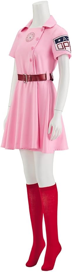 Willyacos Adult Dottie Baseball Costume Pink Jersey Dress Uniform Set Halloween Outfit with Hat for Women