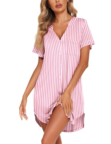 Image of Ekouaer Nightgowns for Women Button Down Night Gowns Short Sleeve Sleep Shirt V Neck Nightshirt Soft Sleepwear Pajams Dress