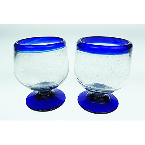 Mexican Shot Glasses, Blue Rim, Snifter Design, Hand Blown, 6 oz, set of 2 Cover