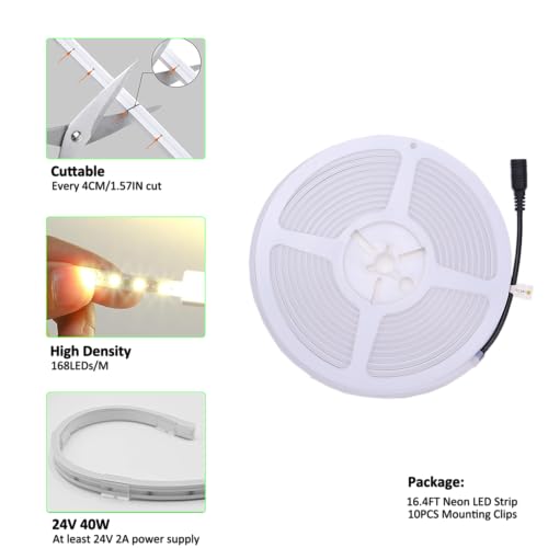 JOYLIT 4MM Wide Neon LED Strip Lights 24V Outdoor Waterproof, 16.8FT/5M 3000K Warm White 168LEDs/M Uniform Glow Neon Rope Light, Flexible Strip Lights for RV, Patio, Bathroom, DIY (No Power Supply)