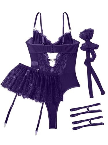 Image of Lilosy Sexy Lingerie Set 3 Piece Women Corset Bodysuit Skirt | Rhinestone Heart Stocking Garter Plus Size Underwire Mesh Sheer Lace Push Up Babydoll Halloween Christmas Valentine's Bridal