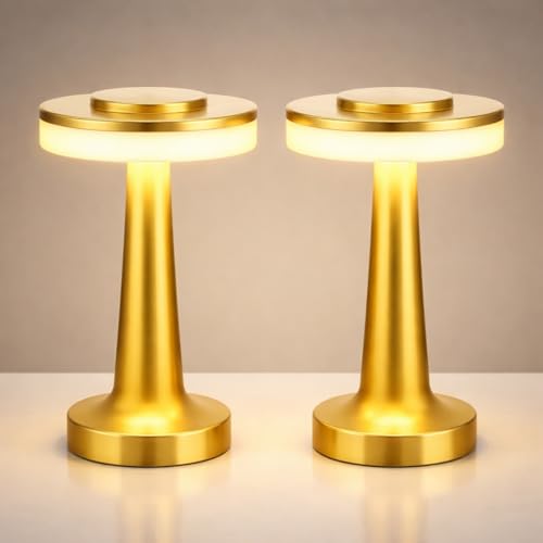 Image of Riakrum 2 Pcs LED Cordless Table Lamp Bulk Rechargeable,Gold | Portable Wireless Lamps, 3 Color Stepless Dimming, 15 Hour Battery, Touch Control, Wedding Home Restaurant Decor