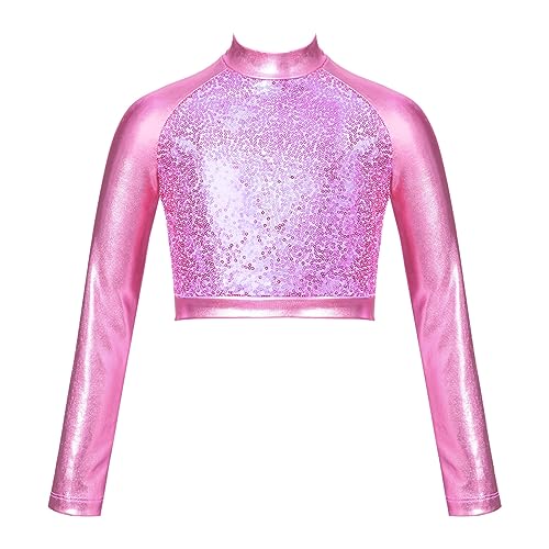JanJean Girls Metallic Long Sleeve Dance Crop Tops Kids Mock Neck Athletic Tops Hip Hop Jazz Gymnastics Ballet Dancewear Pink 14 Years