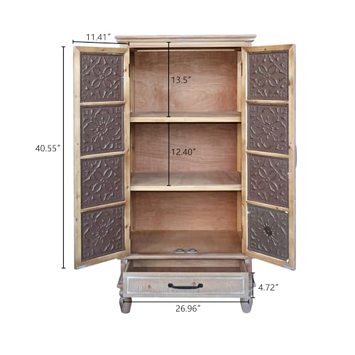 Image of KTART 55'' Solid Wood Tall Storage Cabinet,Kitchen Pantry Storage Cabinets | French Country Accent Cabinet with Shelves and Drawers,Solid Wood China Cabinet with Embossed Floral Metal Doors,Natural Wood