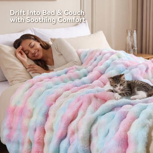 Smoofy Faux Rabbit Fur Throw for Couch - Rainbow Bubble Blanket 50"x60" - Image 5