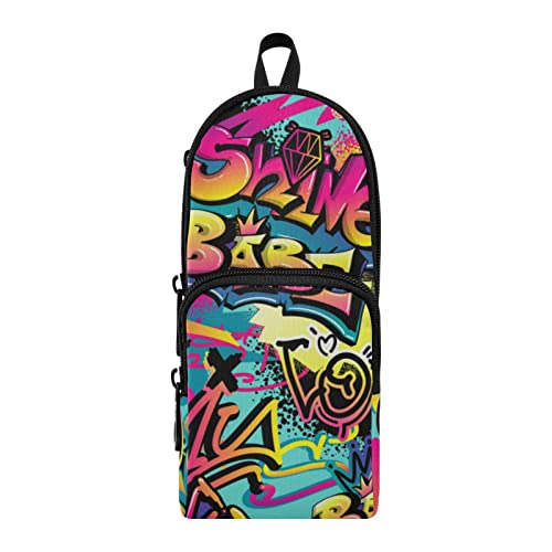 Estuche para lápices con patrón de graffiti abstracto con tres compartimentos para estudiantes y oficina, 9.2 x 3.9 x 3.1 pulgadas