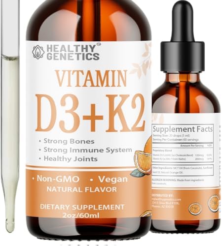 Liquid Vitamin D3 K2 Plus Vitamin K2 MK-7 | 5000IU Vitamin D Liquid Drops | Bones | Immune | Heart Health | Boost Energy 2oz