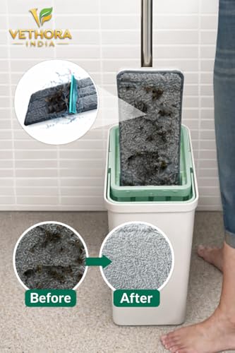 Image of Heavy Quality Floor Mop with Bucket, Flexible Kitchen Tap Flat Squeeze Cleaning Supplies, 360 Flexible Quiet, 2 Reusable Pads, Microfiber, with Adjustable Office Home Effective