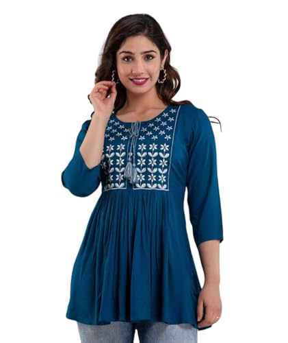 Image of Avayayat Women's Rayon Classic Heavy Embroidery Top with Beautifull Tassels at Front and on Both Sleeves Regular Fit Office Wear Festival Tunic Jeans Summer