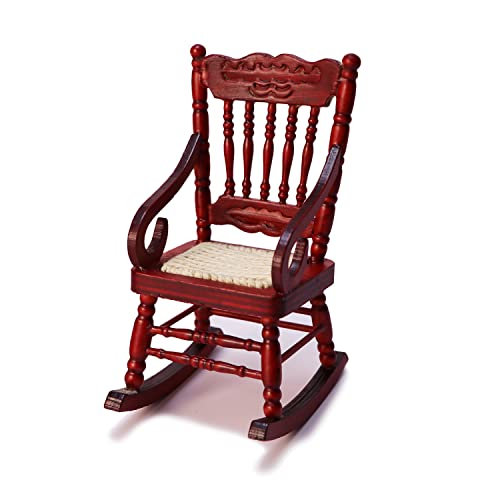 Dollhouse Miniature Rocking Chair 1:12 Scale Wooden Furniture Accessories Tiny Mni House Home Outdoor Cake Topper Decoration Model Living Room Scene Christmas Craft Displays (Red) #TOP6