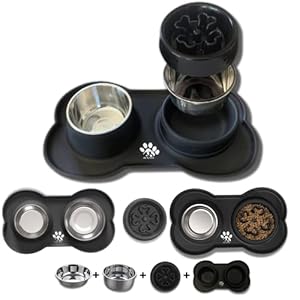 Gamelle Chien, 4 en 1 – Gamelle Anti Glouton Chien, Chiot – Taille L : Animaux de 5 à 30kg- Alimentation Saine – Double Bol INOX (2X 800ml) + Bol Alimentation Lente (500ml) + Tapis Antidérapant
