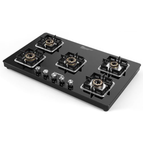 Image of Sunshine Shine 5 Burner Gas Stove | 5 Burner Glass Hob Top Cooktop | Warranty By Sunshine - 10 Year On Glass & Burner, Auto Ignition, LPG Ready & PNG Compatible (Premium - Black)