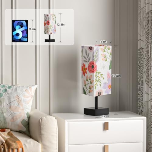 Image of aooshine Small Bedside Table Lamp for Bedroom - Square Floral Fabric Shade | Inline Rocker Switch, Corded Electric, Bulb Not Included, 12.8 inch Mini Table Lamp for Nightstand, Desk, Dorm, Office