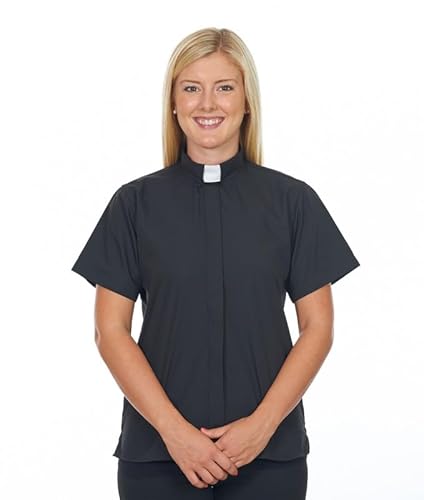 FOR HIS SERVICE Ladies Clergy Shirt with a Tab Collar - Short Sleeves - Clergy Shirts for Women - Black, 24