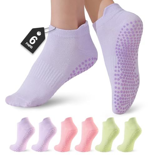Veymitour 6 Pairs Pilates Socks for Women, Grip Yoga Socks Crew Grippy Non Slip for Barre, Ballet, Dance & Hospital
