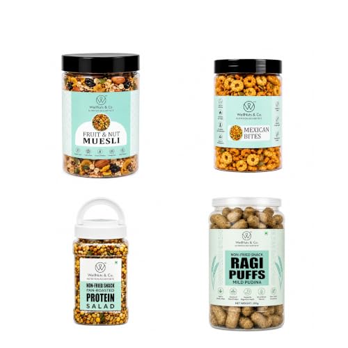 Image of WellNuts & Co. Healthy Snack Combo Pack of 4 |Fruit Nut Meusli - 200g, Mexican Bites - 200g, Protein Salad - 425g, Ragi Puffs Mild Pudina - 200g| Roasted & Ready to Eat Snacks | High Protein & High Fiber Combo | Snacks for Healthy Everyday