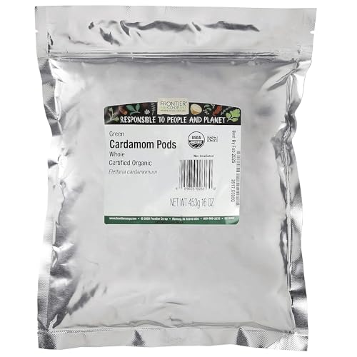 Frontier Co-op Organic Whole Cardamom Pods, 1-Pound, Sweet, Warm Taste, Exotic Floral Aroma, Certified Organic & Kosher