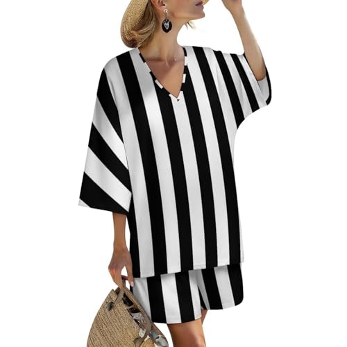 QANCOSI Black And White Striped Women's 2 Piece Outfit Sets
