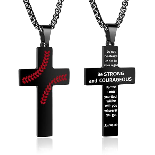 AMAZINGSUN Baseball Cross Necklace for Men. Baseball Necklace Gifts for Mens. Black Stainless Steel Inspirational Bible Verse Cross Pendant Chain, First Communion Baptism Religious Sports Gifts