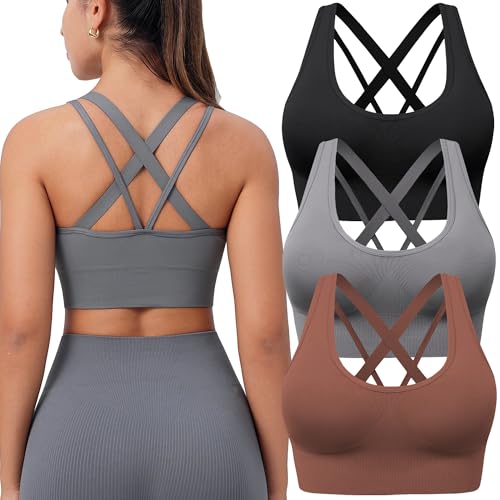 Image of BLUELILY Sports Bra for Women Medium Support Criss Cross Strappy Bras Seamless Padded High Impact Yoga Athletic Exercise Bras