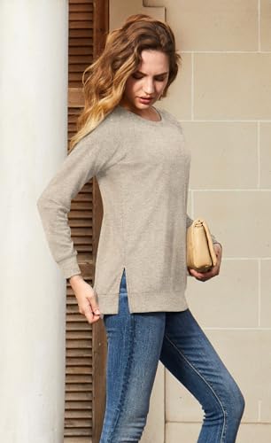 TAOHUADAO Women's Long Sleeve T-Shirt Side Split Tunic Tops for Leggings Loose Crewneck Sweater3