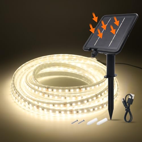 KISUFU 24V 2835 Solar LED Strip Light, 120 LEDs/m IP65 impermeabile 8 modalità solari 1200MAH Striscia luminosa per giardino terrazza cortile Natale matrimonio festa.