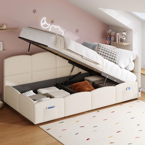 Kebnor Cama tapizada, cama infantil, cama individual, cama de almacenamiento, sofá cama de 90 x 200 cm, con somier, cargador USB, bolsa de almacenamiento, cama juvenil y cuna para adultos (sin colchón