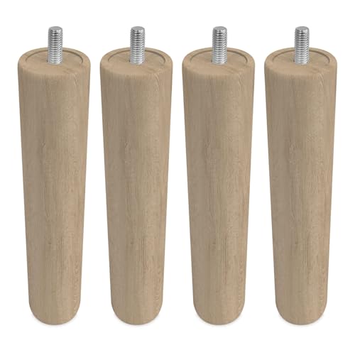 Homey – Pack de 4 Patas de Madera para Base Tapizada, Cilíndricas con Rosca M10, Altura 25 cm, Color Natural
