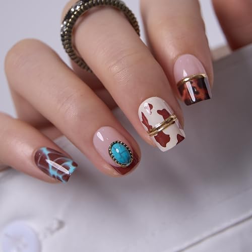 Image of CurvLife Soft Gel Square Press-On Nails Short, Reusable Fake Nails with Glue & Adhesive Tabs, 30PCS Salon-Quality Stick-On Nails for At-Home Manicure (Desert Jewel)