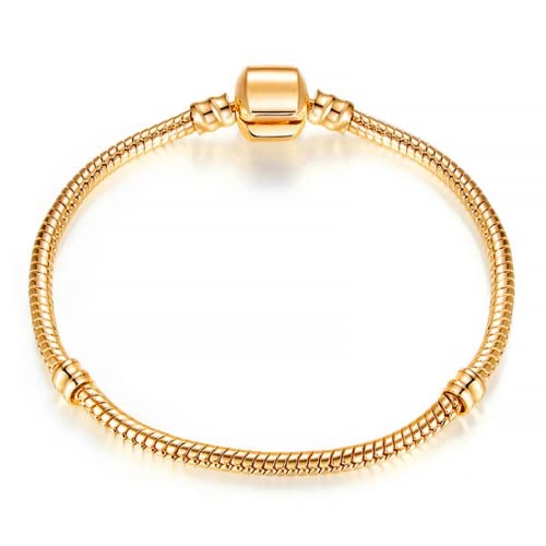 Qeensekc Women 3.2Mm Smooth Moments Snake Chain Gold Plated Bracelet For Pandora Charms Barrel Clasp Beads Wristband For Women Girl 6.3'' (Br_Bead_Barrel_16_G) #TOP9