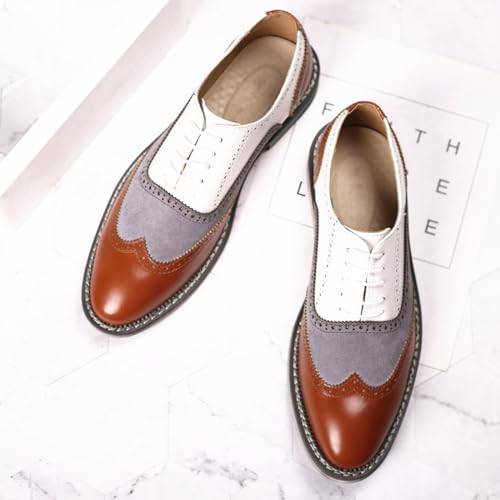 Image of Men's Leather lace-up Brogues Dress Oxford Shoes Classic Wingtip Two Tone Derby Gatsby Prom Shoes Fashion Round Toe Business Formal Leather Shoes