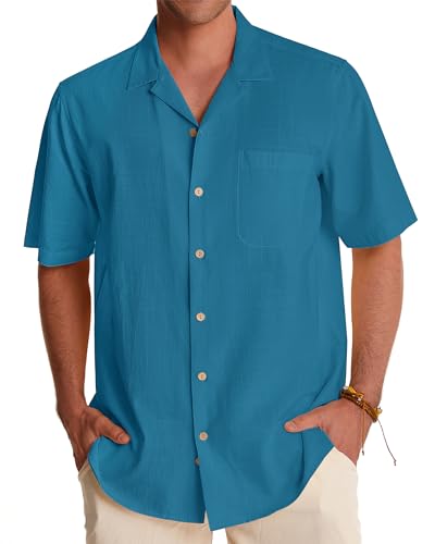 Image of Alimens & Gentle Mens Linen Shirts Cotton Hawaiian Shirts Short Sleeve Button Down Shirts Casual Summer Beach Tops