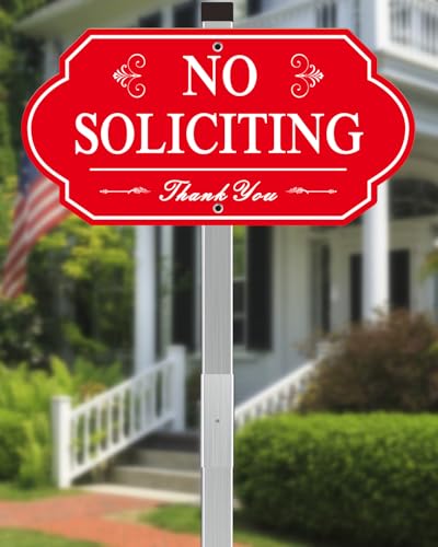 Image of Heavy Duty No Soliciting Sign for House - All Metal Construction No Soliciting Yard Sign - 14 inch x 7 inch - Aluminum - with 28 inch Long Stake (Red)