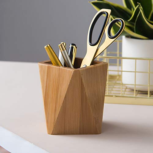 Yosco Bamboo Wood Pen Holder Stand For Desk Geometric Pencil Cup Pot Cute Desktop Office Supplies, Makeup Brushes Organizer (Bamboo) #TOP2